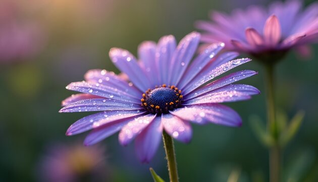 Purple daisy flower with dew drops in soft morning light. Petals glisten with water droplets. Closeup shot of vibrant garden blossom. Nature delicate beauty.