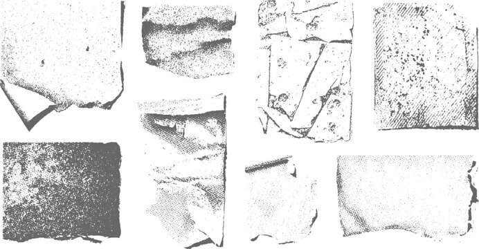 Collection of eight distressed paper textures with torn edges and halftone dots grunge