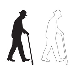 Elderly man silhouette and outline walking with cane