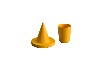A vibrant yellow toy set featuring a cone and a cup, , perfect for childrens play or educational purposes, showcasing simple geometric shapes