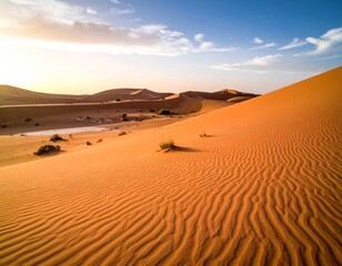 Sunny desert landscape, rippled sand dunes under a blue and cloudy sky