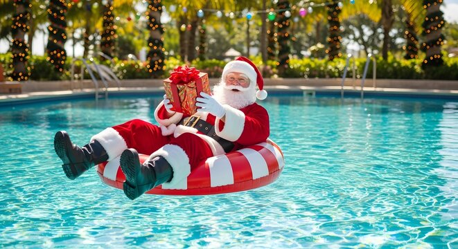 Santa takes a holiday, floats on a ring in a shimmering pool, with Christmas lights glowing brightly. - Powered by Adobe