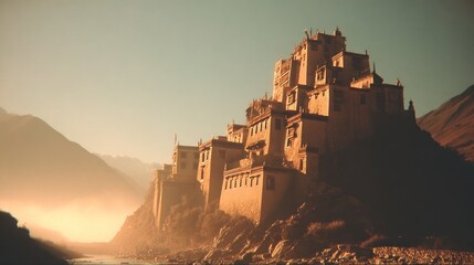 Majestic Mountain Monastery Surrounded by Misty Valleys at Dawn