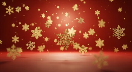 Golden snowflakes cascade down a rich red background, creating a warm, festive, and elegant atmosphere.