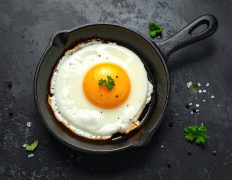 Sunny-side-up fried egg in a cast iron skillet with parsley