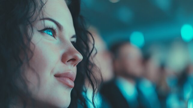 With an air of confidence, a woman at a conference featuring diverse professional attendees gazes off into the distance in contemplation