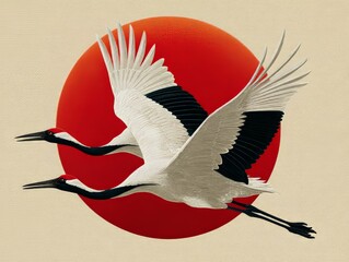 Obraz premium Two elegant red crowned cranes flying gracefully against a vibrant red sun are the focal point of a Japanese inspired artwork