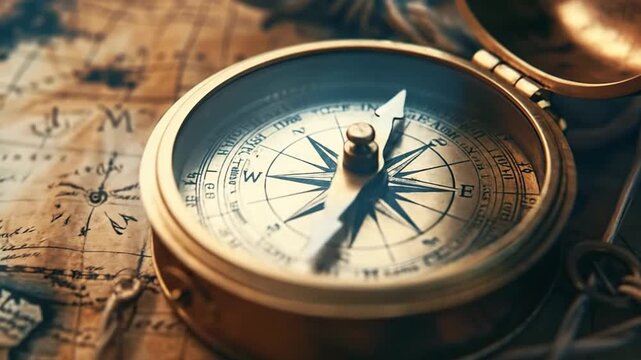 Close-up of an antique brass compass resting on a vintage, textured map with faded markings, evoking a sense of exploration and history.