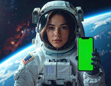 Woman astronaut holding phone with green screen in space