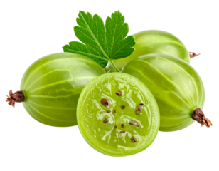 Close-up studio shot of several small, round, green fruits with one cut in half revealing seeds. A single leaf is present