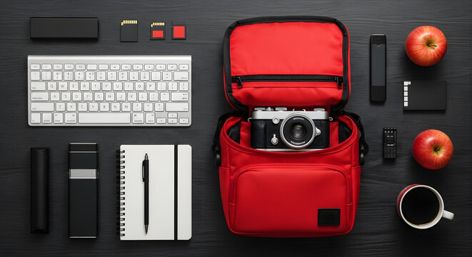 Photographer's Desktop Mockup with Vintage Camera, Tech Gadgets, Notebook, Coffee, and Apples
