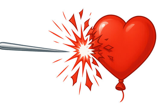 Heart balloon popping from needle, concept of heartbreak, breaking love, relationship conflict and emotional pain, transparent background