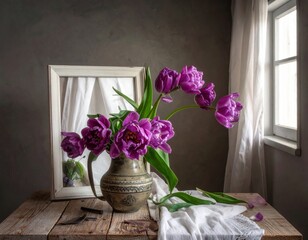 Still life of purple flowers, antique vase, and mirror on wooden table