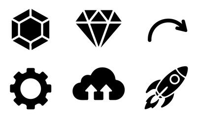 Collection of web icons representing technology gear diamond cloud rocket and arrows for graphic design and user interfaces in digital projects