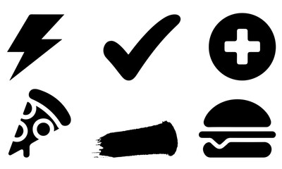Five black icons arranged on white backdrop consisting of pizza slice burger electricity sign checkmark and add symbol