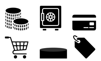 Group of financial icons representing payment coins card shopping and price tag for financial and marketing projects in digital illustration