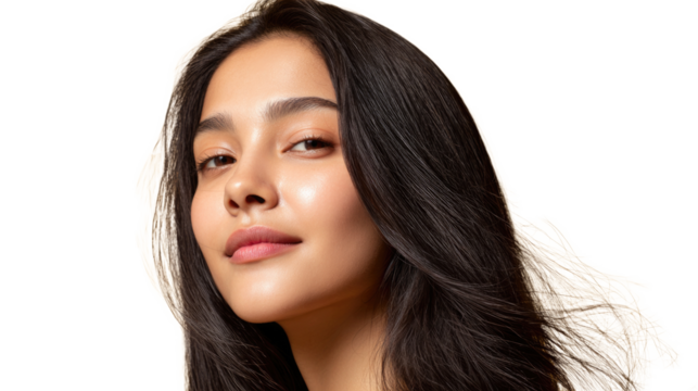 Close-Up Portrait of Indian Woman with Glowing Medium-Brown Skin and Flowing Black Hair for PNG
