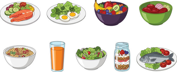 Healthy food illustration, balanced meals, fruits, vegetables, protein, cereal, juice, yogurt, cartoon style, nutrition concept, vector art