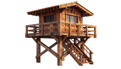 Wooden cabin structure with stairs against black backdrop