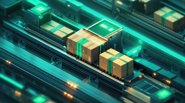 Automated logistics system moving packages on conveyor belt