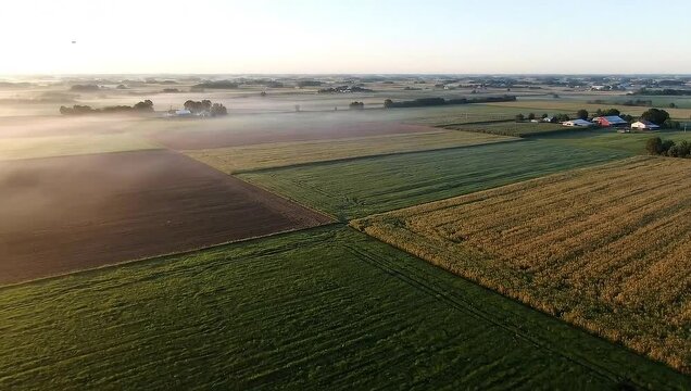 Aerial view of a beautiful agricultural landscape with fields and fog.