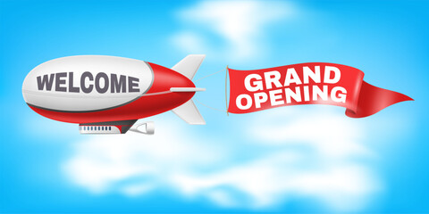 Zeppelin with advertising banner in sky. Grand opening. Realistic dirigible with red flag in sky. Shopping sale and discount. Promotional vintage transport. Isolated airship vector concept © YummyBuum