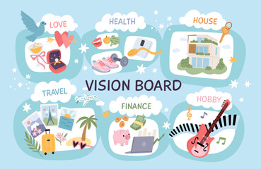 Vision board. Pictures with goals and dreams, material values, love, health, motivation and planning, visionary examples travel, finance and hobby, strategy garish vector cartoon flat set