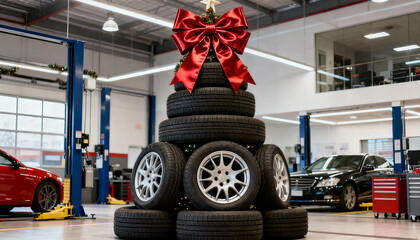 Christmas tree made of car tires and wheels, installed in a car shop selling spare parts, tires and alloy wheels.