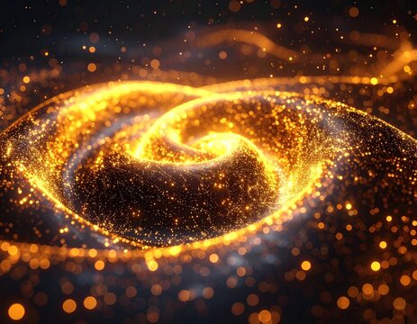 Swirling golden particles creating a cosmic-like vortex