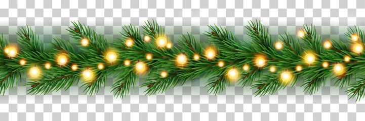 Realistic christmas seamless garland. Seamless xmas border isolated on transparent background. Glowing lights on spruce tree branches. Winter holiday decoration. New year bulb vector 3d concept