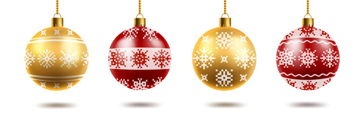 Realistic christmas balls. Red and gold round toys, xmas tree decoration. Traditional bauble with snowflakes ornament, new year celebration decoration render vector 3d isolated gifts set