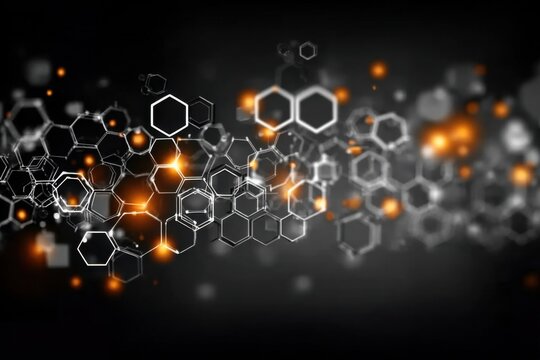 Molecular Network: A sophisticated molecular network, illuminated by warm, glowing energy, unfolds against a dark, textured backdrop, conveying the intricate structure of science and technology.