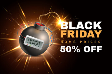 Realistic bomb discount poster. Black Friday sale. Explosive weapon with burning fuse and clockwork, holiday special offer. Marketing promotion banner. Realistic isolated vector concept