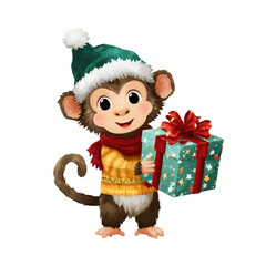 Festive monkey with gift box in holiday attire.