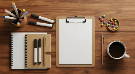 Organized Office Desk Mockup with Stationery, Notebooks, Coffee, and Markers on Wooden Surface