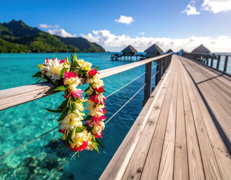 Tropical paradise scene, flower lei adorns wooden handrail, clear water - Powered by Adobe
