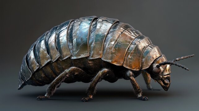 Pill Bug (Roly-Poly), its segmented armor like tiny, overlapping shields of Damascus steel, surreal miniature forged armor texture, metallic sheen lighting