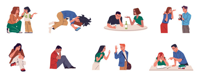 People crying. Men and women in tears, stress and depression, joy strong emotion, sad frustrated and happy consoling empathic characters, mental health nowaday vector cartoon isolated set