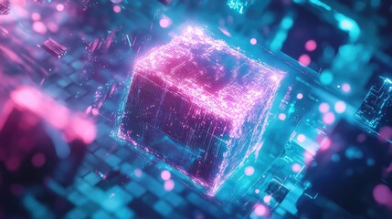 Glowing digital cube processing abstract data in neon colors