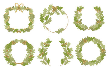 Oak branches wreaths. Decorative botanical frames with green leaves, acorns, different shapes, intertwining tree sprigs, botanical design elements, organic splendid vector isolated set
