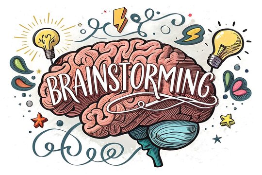 a vibrant illustration showcases a human brain filled with ideas represented by lightbulbs and the word brainstorming evoking creativity and thought