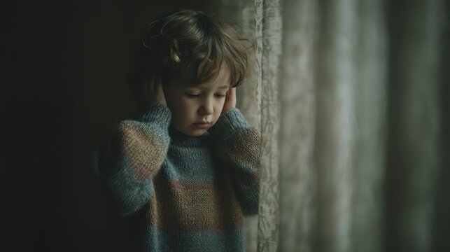 Lonely young boy covering ears standing by window in dim light feeling sad and distressed from parents arguing at home