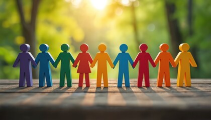 Colorful diverse people figures hold hands standing together outdoors. Group of individuals representing LGBTQ community united in solidarity. Symbol of equality acceptance freedom and togetherness.