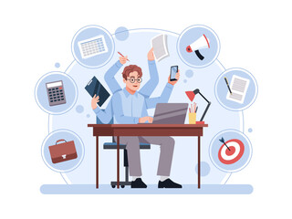Multitasking businessman character. Active office worker with many hands, simultaneous tasks execution, man sitting at desk, effective work, cartoon flat isolated tidy vector concept