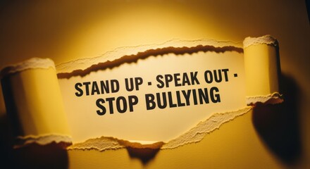 Close up of torn yellow paper revealing bold text stand up speak out stop bullying promoting awareness and action against harassment