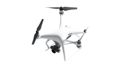 White drone hovers in center with blades angled against black