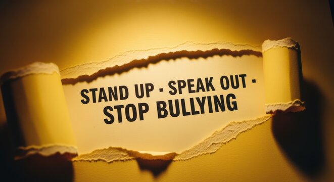 Close up of torn yellow paper revealing bold text stand up speak out stop bullying promoting awareness and action against harassment