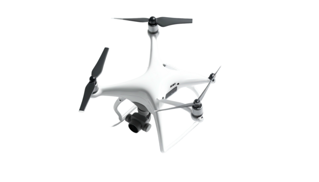 White drone hovers in center with blades angled against black