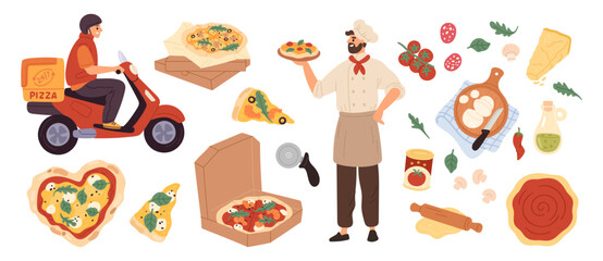 Italian pizzeria elements. Ingredients and chief character, pizza delivery man on scooter, basil, tomatoes, mozzarella, traditional culinary garish vector cartoon flat style isolated set