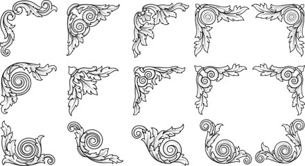 Ornate corner illustration, decorative scrollwork, leaf motif, classical design, baroque style, vector art, symmetrical embellishment, frame element, clipart, vintage